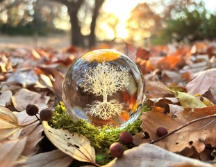 エコイメージ-夕焼けに染まる森の落ち葉とガラスの木