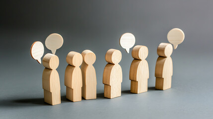 A group of wooden figurines with speech bubbles above their heads, symbolizing communication and dialogue. The neutral color palette creates a minimalist and clean aesthetic.