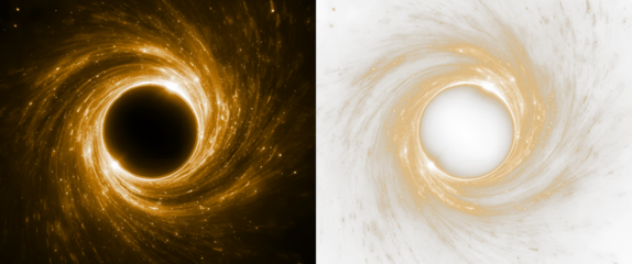 golden spiral black background, hole, disk , glowing particles against dark space and a transparent background version PNG, twirl