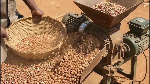 Man operates machine to grind nuts in rural outdoor setting during daytime