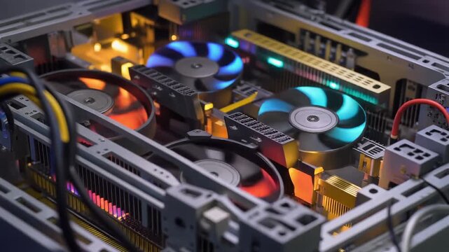 Computer hardware components with glowing fans.
