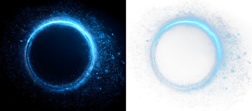 blue magic circle ring of sparkling particles on dark background and isolated on transparent background PNG, twirl