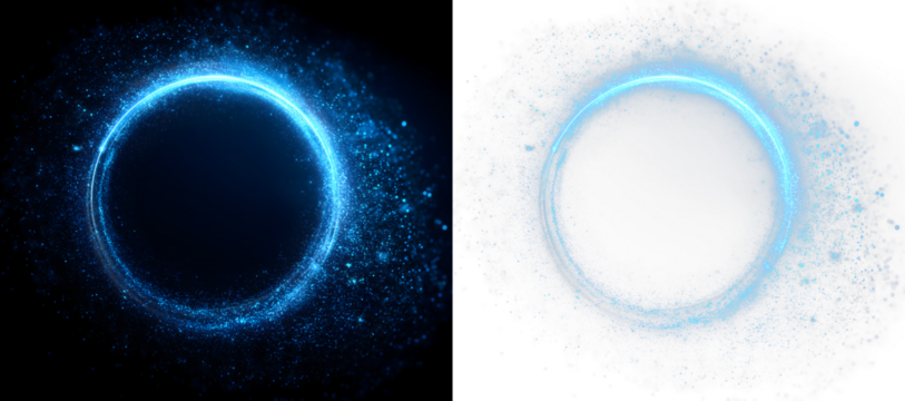 blue magic circle ring of sparkling particles on dark background and isolated on transparent background PNG, twirl - Powered by Adobe