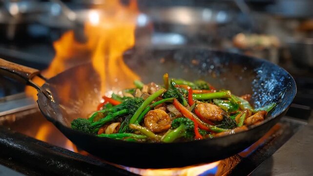 159Colorful Asian stir-fry bursting with heat and energy, flames and smoke swirling around a cast-iron wok filled with glistening ingredients