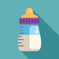 Baby bottle filled with milk, casting a long shadow on a teal background, representing baby feeding and childcare