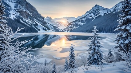 Awe-inspiring winter sunrise over partially frozen lake louise, embraced by snow-capped rocky mountains and frosted evergreen forest