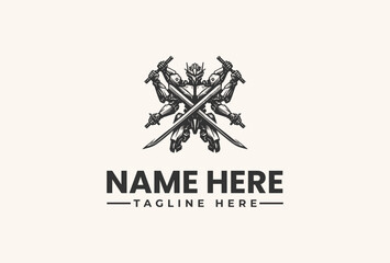 A logo illustration featuring crossed swords and axes with a decorative design on a beige background, accompanied by placeholder text for a name and tagline in a vector style.