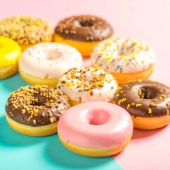 Assorted donuts on split pastel background