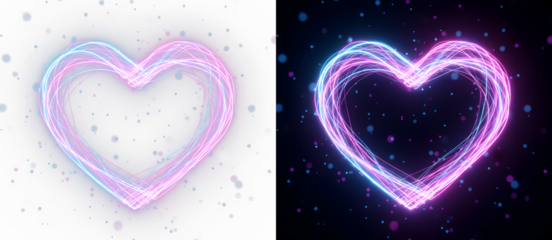 Glowing neon heart outline with pink and blue particles, white and black backgrounds isolated on transparent background PNG