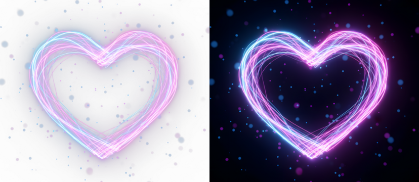Glowing neon heart outline with pink and blue particles, white and black backgrounds isolated on transparent background PNG - Powered by Adobe
