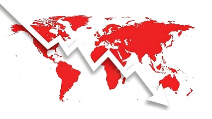 Global economic decline illustrated by a red world map with a prominent white zigzag arrow pointing downwards, symbolizing crisis and recession.