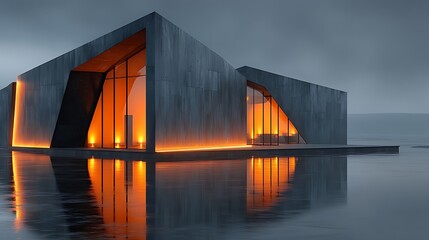 Fototapeta premium Contemporary waterfront building with minimal lighting high resolution picture