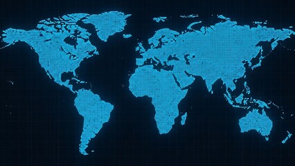 Digital pixelated world map displaying global connectivity and data network, illustrating modern technology and communication systems concept.