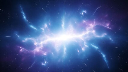 Abstract cosmic explosion with bright light and streaking stars, dynamic galaxy illustration showing energy burst and nebulae.