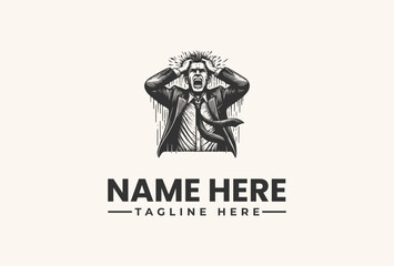 Fototapeta premium Black and white vector illustration of a man with hands on head, wearing a jacket, against a plain background with space for a logo and tagline.