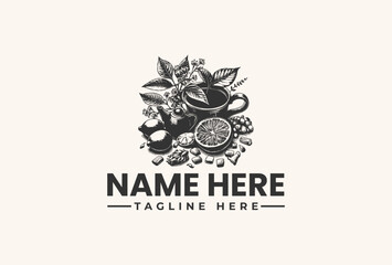 Black and white vector illustration of a coffee cup surrounded by leaves and flowers with a circular emblem and placeholder text on a plain background.