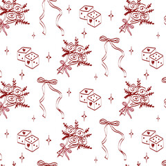 Hand drawn pattern coquette aesthetics elements. Vintage cute symbols with ribbon and bow in simple crayon style. Trendy art for Valentine's day and wedding invitations. Outline seamless pattern.