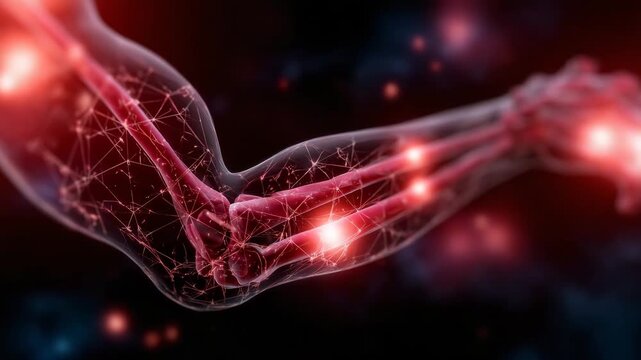 202Anatomically accurate 3D model of inflamed elbow showing redness and localized heat glow around the joint, visualizing arthritis or injury for medical presentation