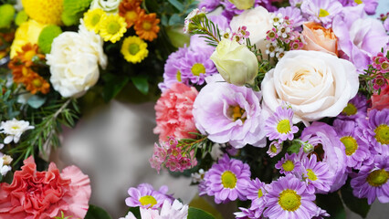 Elegant Bouquet with Pink Roses, Red Carnations, and Purple White Flowers