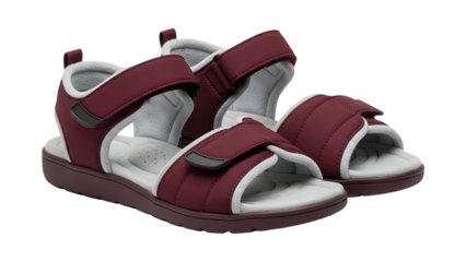 Maroon comfort sandals with adjustable straps on transparent background