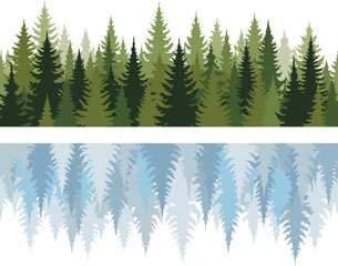 Obraz premium A seamless pattern of evergreen trees in various shades of green, with a mirrored reflection below in cool blue tones, creating a stylized forest landscape on white background.
