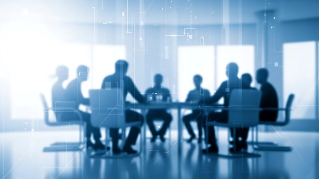 Blurred silhouettes of business people in a meeting room with digital interface, representing strategic discussions and global connectivity - Powered by Adobe
