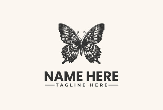 Black and white logo illustration of a butterfly with intricate patterns and text placeholder on a beige background.