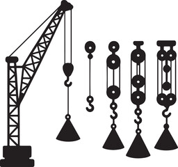 Construction crane lifting load, pulley system variations, suspended conical weight, mechanical engineering setup, industrial lifting silhouette vector illustration