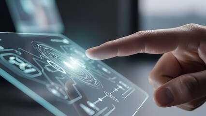 User interacting with glowing futuristic holographic interface displaying digital data elements