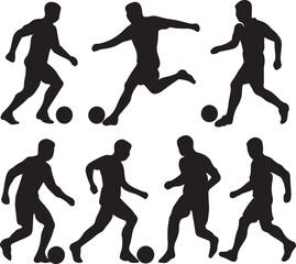 silhouette vector illustration of male football athletes kicking or dribbling ball, various poses and actions, dynamic sport graphic element collection full body
