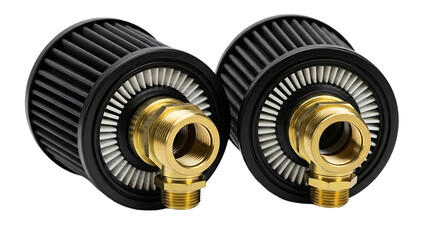 Two high performance air filters with golden connectors isolated on transparent background