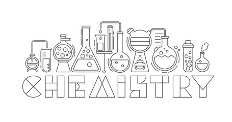 Science laboratory, school chemistry banner with with white background. Medical, chemical or biology lab, school education concept with tubes and flasks, vector illustration