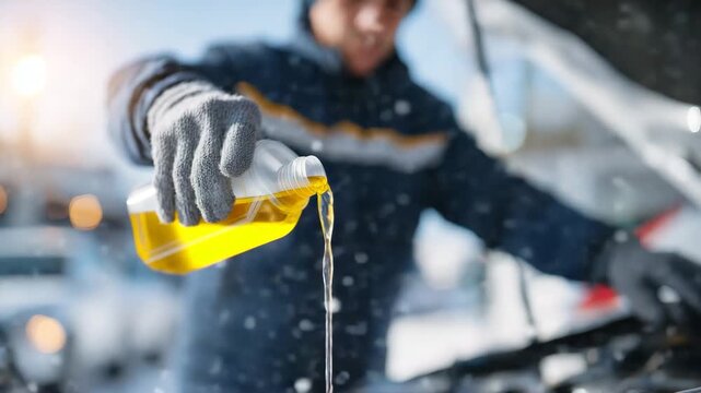 246Driver holding bright antifreeze bottle over open hood, vibrant liquid catching strong winter sunlight as it pours, clean and modern car design highlighted, snowless cold morning f