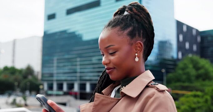 Black woman, thinking and typing in city with phone for social media update, text message or chat. Person outdoor, reflection and scroll with tech in urban town for online feedback, network and news.