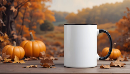 White ceramic mug with black handle sits on wooden table surrounded by autumn leaves and pumpkins, capturing the essence of fall and seasonal warmth in a cozy setting