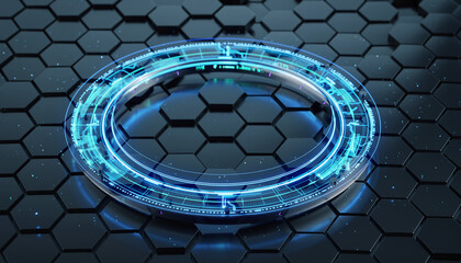 Futuristic Holographic UI Ring with Glowing Blue Circuitry on Dark Hexagonal Tech Background in Ultra-Sharp Sci-Fi Digital Art with Neon Cyan Lighting and Volumetric Effects