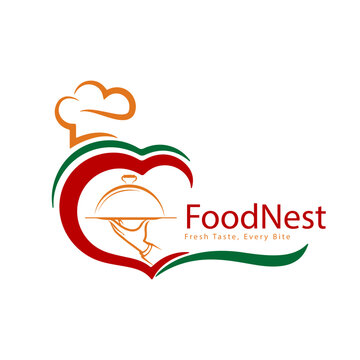 FoodNest Restaurant Logo &ndash; Food Service, Chef Hat, Heart Shape, Catering Branding Design