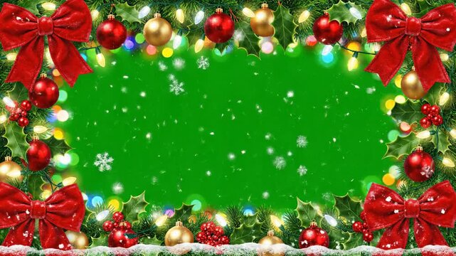 Festive Christmas Green Screen Frame with Snowflakes and Ribbons.
