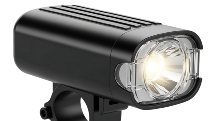 Detailed studio shot of a modern bicycle headlight sleek design isolated on transparent background