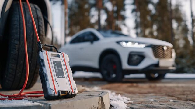 267High-power jump starter unit resting on the fender while cables run into the engine, morning freeze visible on surfaces, crisp clean commercial style, focus on convenience and fast