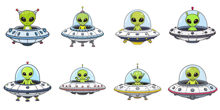 Multiple vector illustrations of alian aboard a UFO