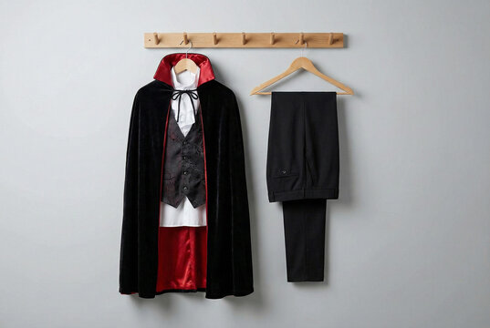 Classic Count Dracula outfit hanging on a plain background. Spooky Halloween costume preparation.