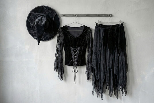 Minimalist Halloween concept with a witch dress and hat displayed on a simple wall.