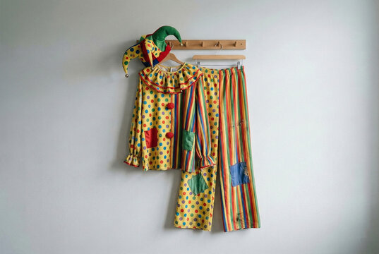 Colorful clown costume hanging on a plain white wall, minimalist concept.