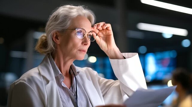 Faceless female senior data scientist reviewing reports on big digital screen defocused monitoring room background risk management department diverse consulting company employee