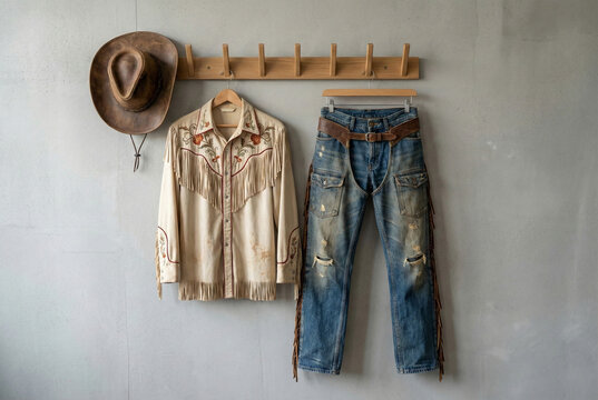 Cowboy clothing and accessories hanging on an empty, neutral colored wall space.