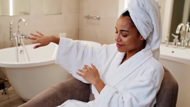 A woman in a white robe and towel, eyes closed, sits in a chair, reaching in bathroom
