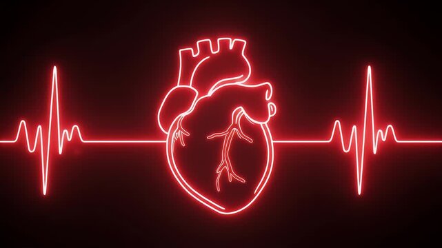 Illuminated neon heart with dynamic ECG waveform, symbolizing vital health, medical innovation, and the rhythmic essence of life's continuous pulse in a digital display
