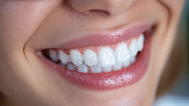 406Elegant female model smiling with invisible aligners, captured in crisp high-resolution macro detail, smooth lips and polished teeth against a minimal backdrop