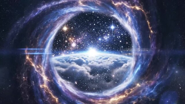 Celestial portal unveils cosmic wonders stars clouds